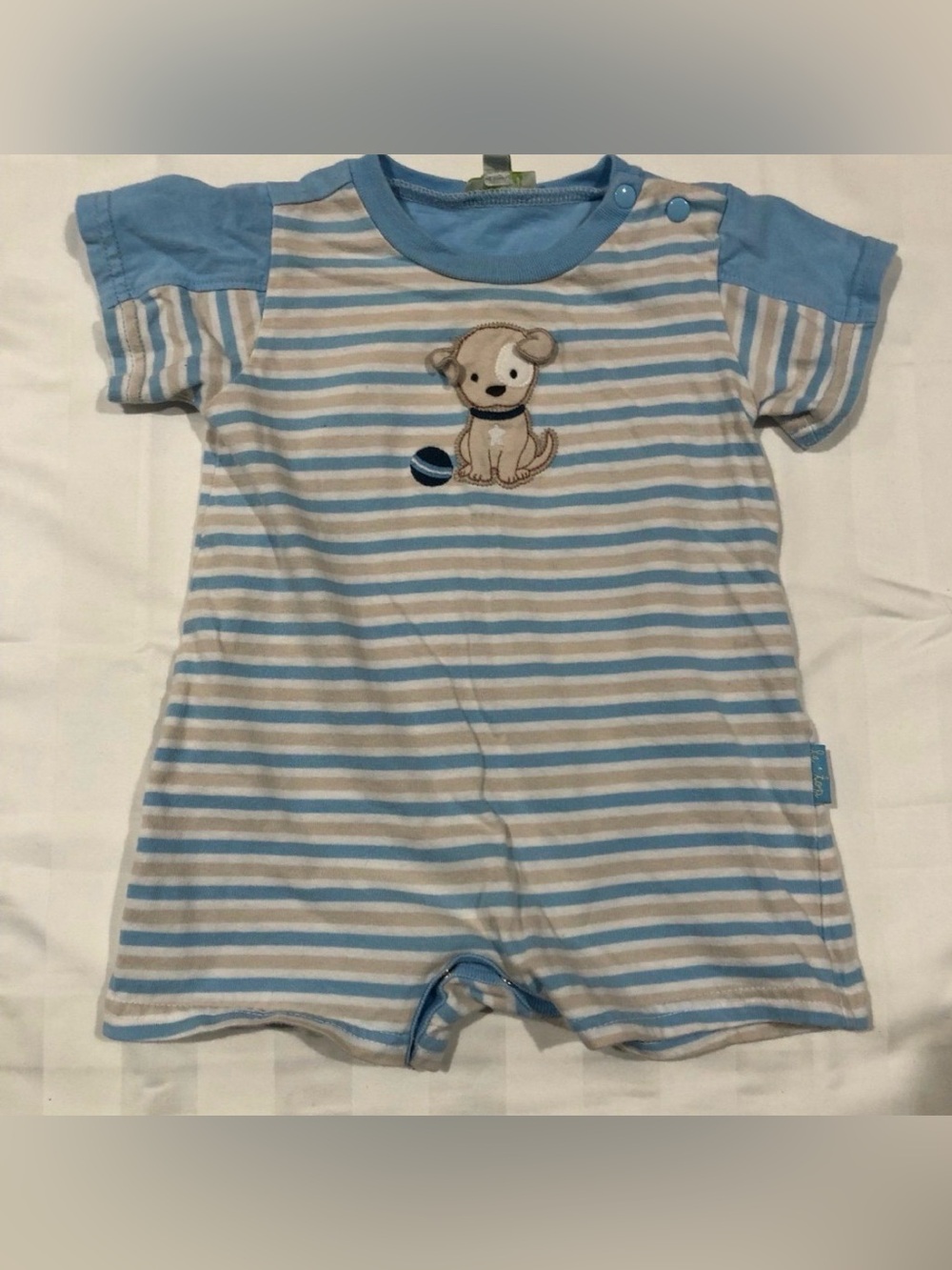Le Top Baby Boy Romper 6M Puppy Dog Striped Shortall Blue Preppy Applique